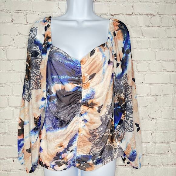 Boston Proper Wms S Floral Paisley Print Shirred Mesh Top Lined Boho Peasant - Picture 2 of 9